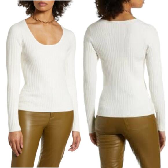 Halogen Ribbed Scoop Neck Sweater Ivory Cloud Size Medium NWT $79 MSRP - Picture 1 of 8